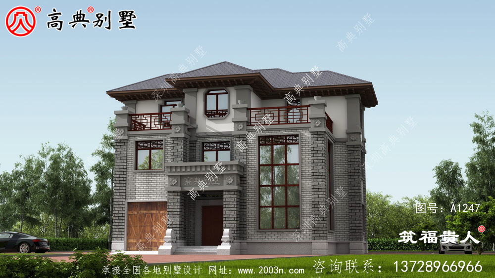 灰白色新中式新款農村建別墅圖紙