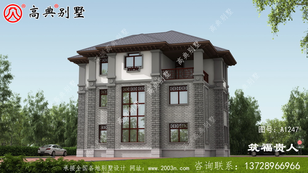 灰白色新中式新款農村建別墅圖紙