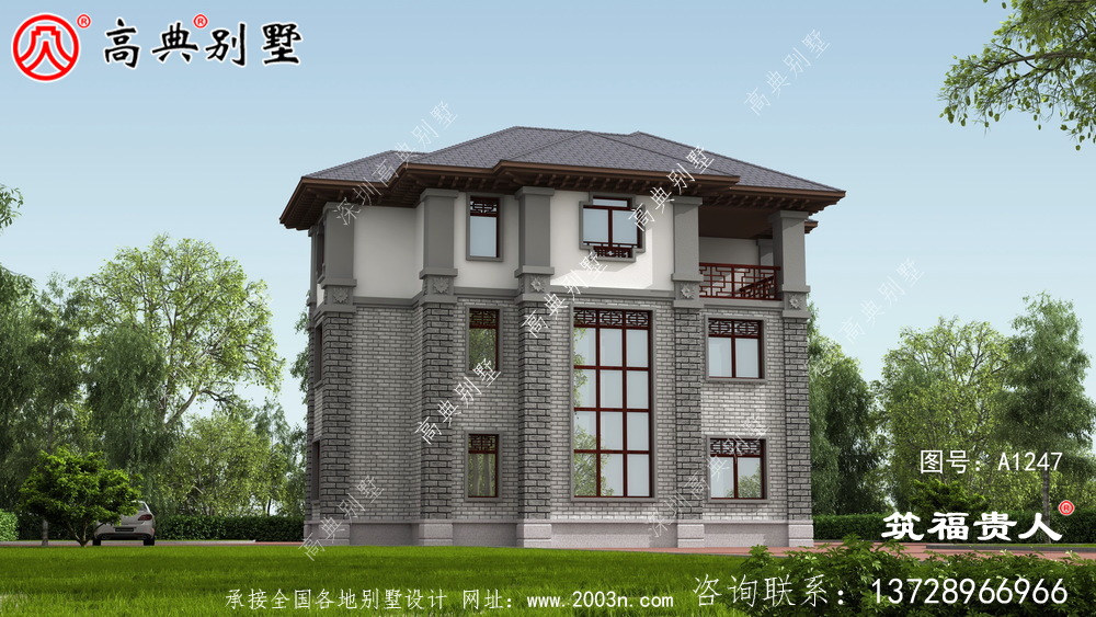 灰白色新中式新款農村建別墅圖紙