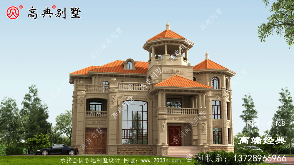 三層歐式自建房,外觀看起來精致大氣,屋頂是橙色的看起來一目了然。